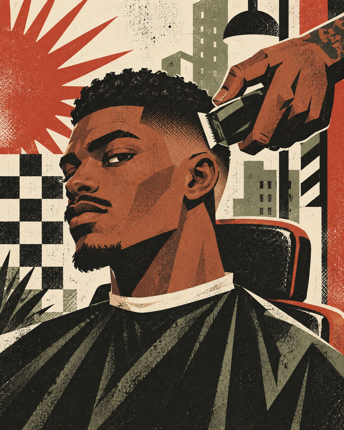 Screenprint illustration of a barber at work