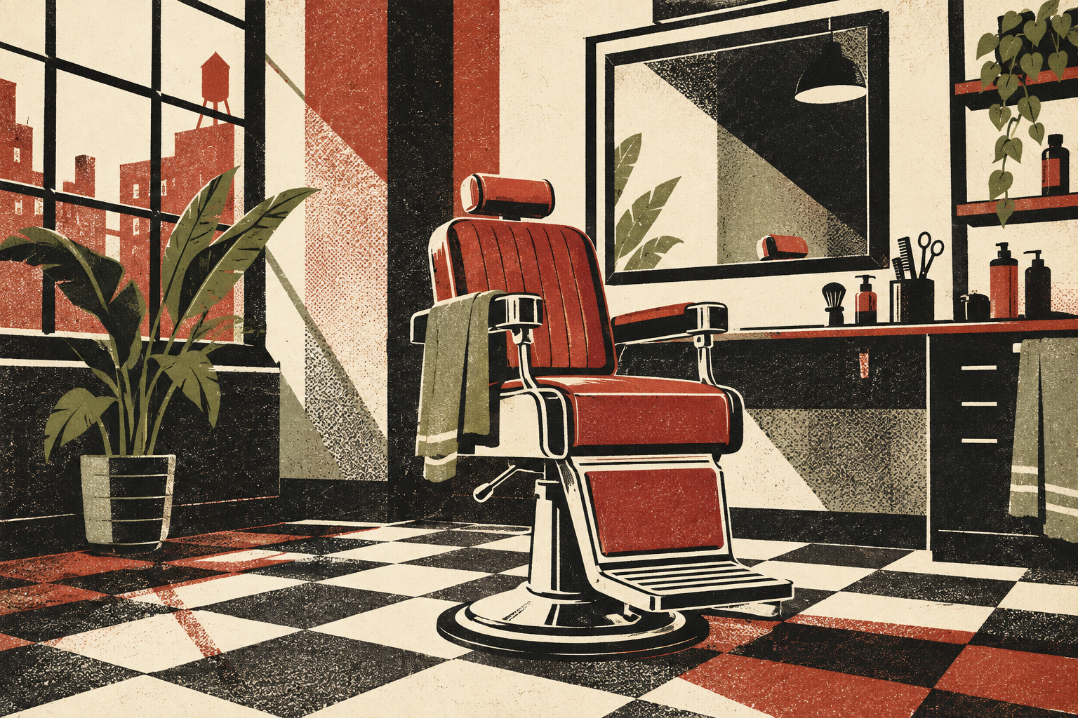 Screenprint illustration of a barber chair